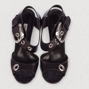 Manolo Blahnik Black Leather Slingback Heels with Silver Eyelet Hardware, 38.5